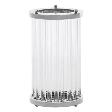 Umbrella stand with transparent canopy and metallic base on a white background