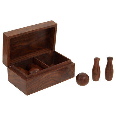 Wooden toy set with a box, ball, and two small bottles on a white background