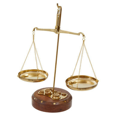 Gold balance scale on a white background