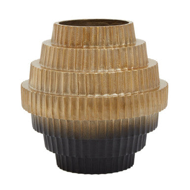Decorative vase with layered design in brown and black on a white background