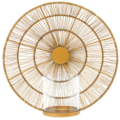 Decorative wall fan with gold wire design on a white background