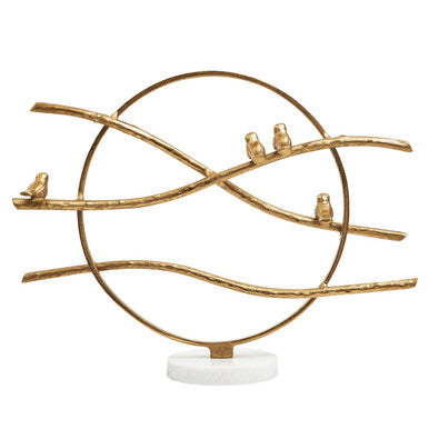 Evra Gold Hoop Bird Sculpture On White Marble Base