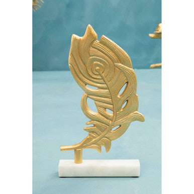 Evra Gold Peacock Feather Sculpture On White Marble Base