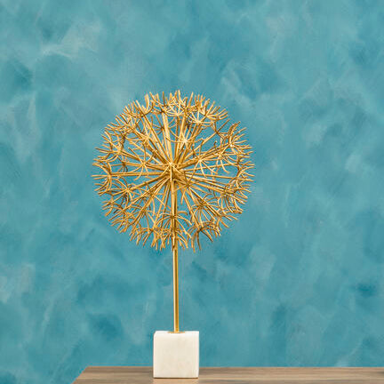 Evra Gold Dandelion Sculpture On White Marble Base