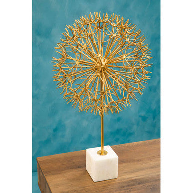 Evra Gold Dandelion Sculpture On White Marble Base
