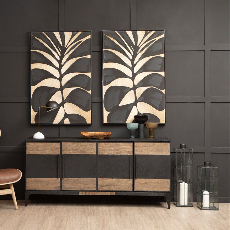 Modern interior design with a black wall, wooden furniture, and decorative elements.