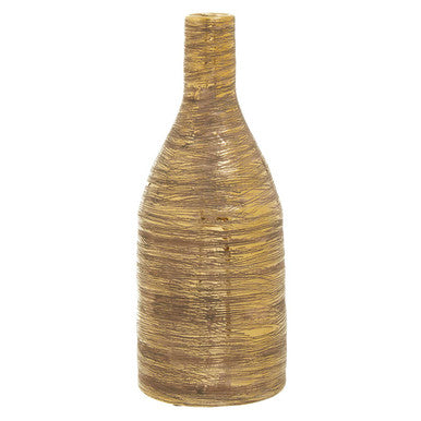 Decorative bottle-shaped vase made of woven material on a white background
