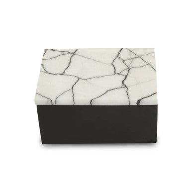 Rectangular box with marble-patterned top and black base on a white background