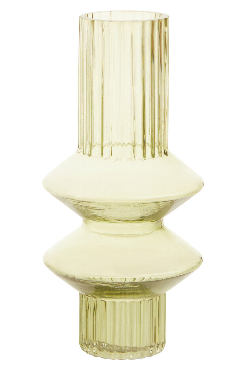 Yellow glass vase with a ribbed design on a white background