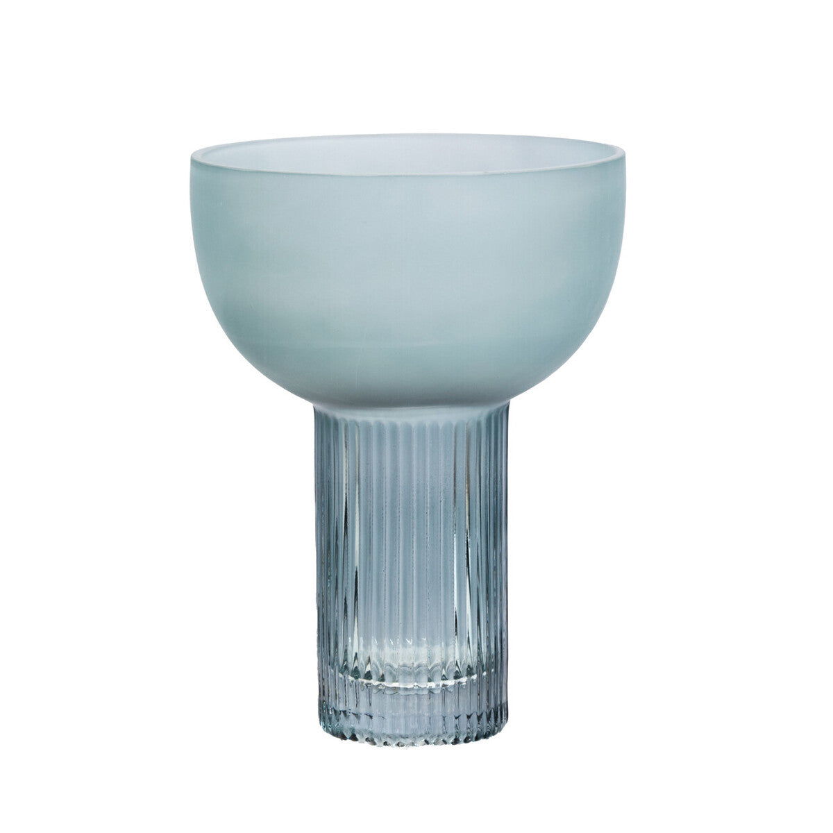 Light blue glass vase with ribbed base on a white background