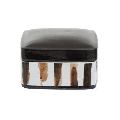 Decorative box with black lid and white base featuring brown abstract patterns on a white background