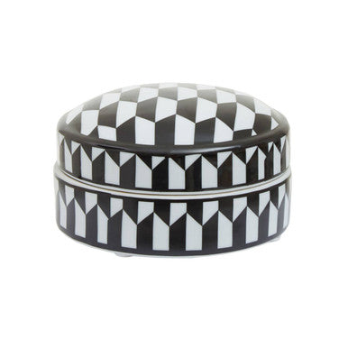 Black and white geometric patterned container on a white background