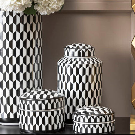 Marlo Small Black and White Geometric Print Ceramic Trinket Box - Image 2