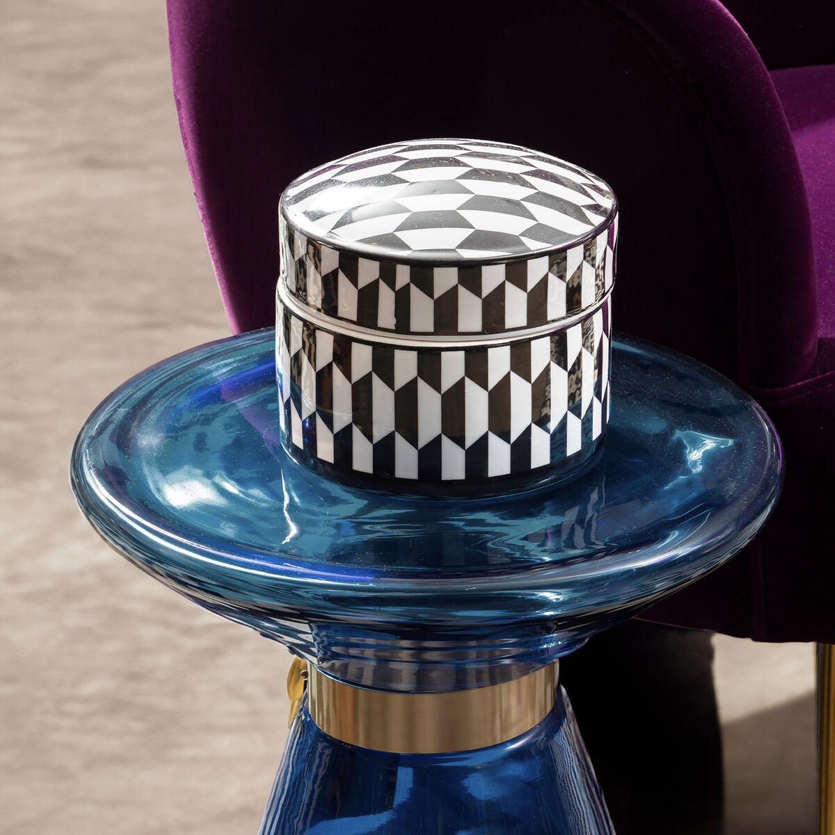 Marlo Large Black and White Geometric Print Ceramic Trinket Box - Image 2