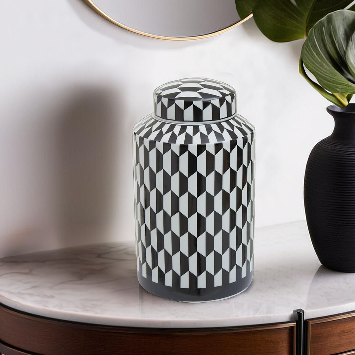 Marlo Small Black And White Geometric Print Ceramic Jar - Image 2