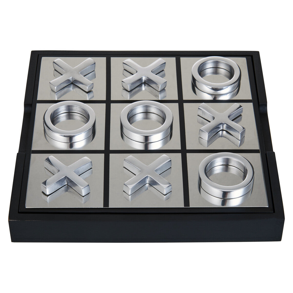 Noughts and crosses game set with metallic pieces on a white background