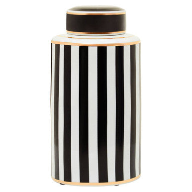 Black and white striped vase with gold accents on a white background