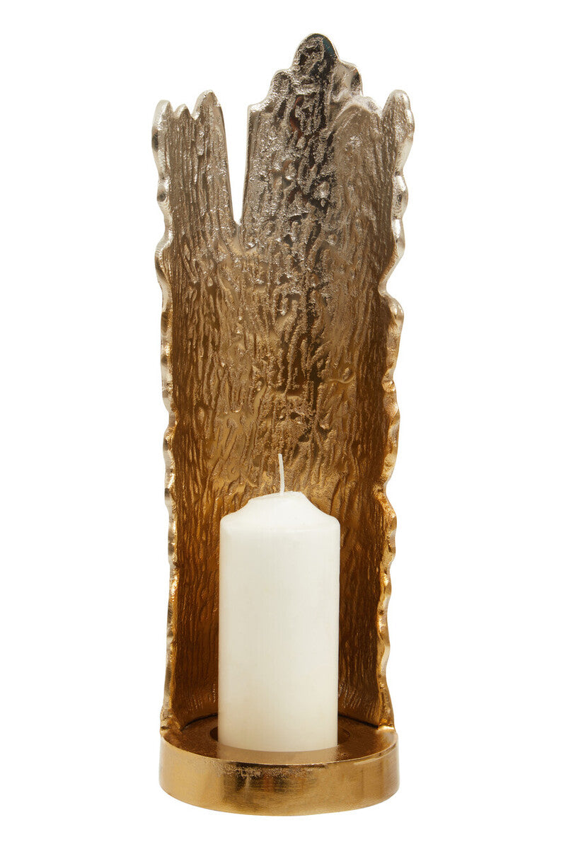 Decorative candle holder shaped like a tree trunk with a white candle inside on a white background