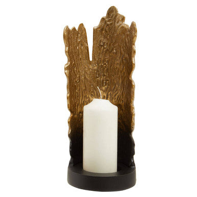 Decorative candle holder with a gold hand design on a white background
