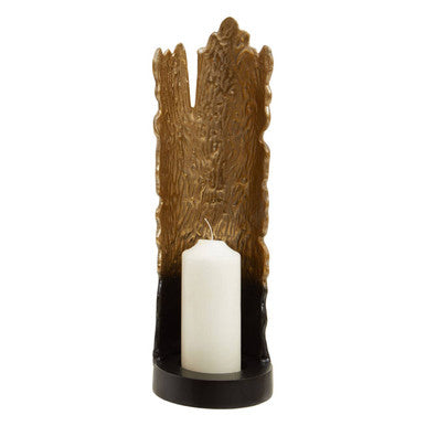 Decorative candle holder with tree bark design on a white background