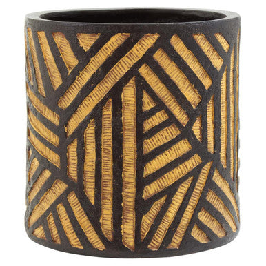 Ceramic planter with black and gold geometric pattern on a white background