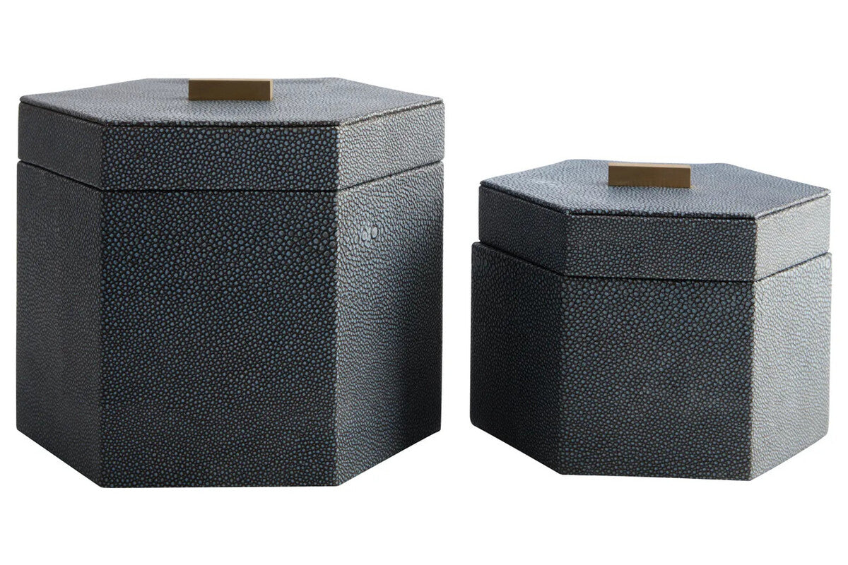 Two hexagonal black textured boxes on a white background