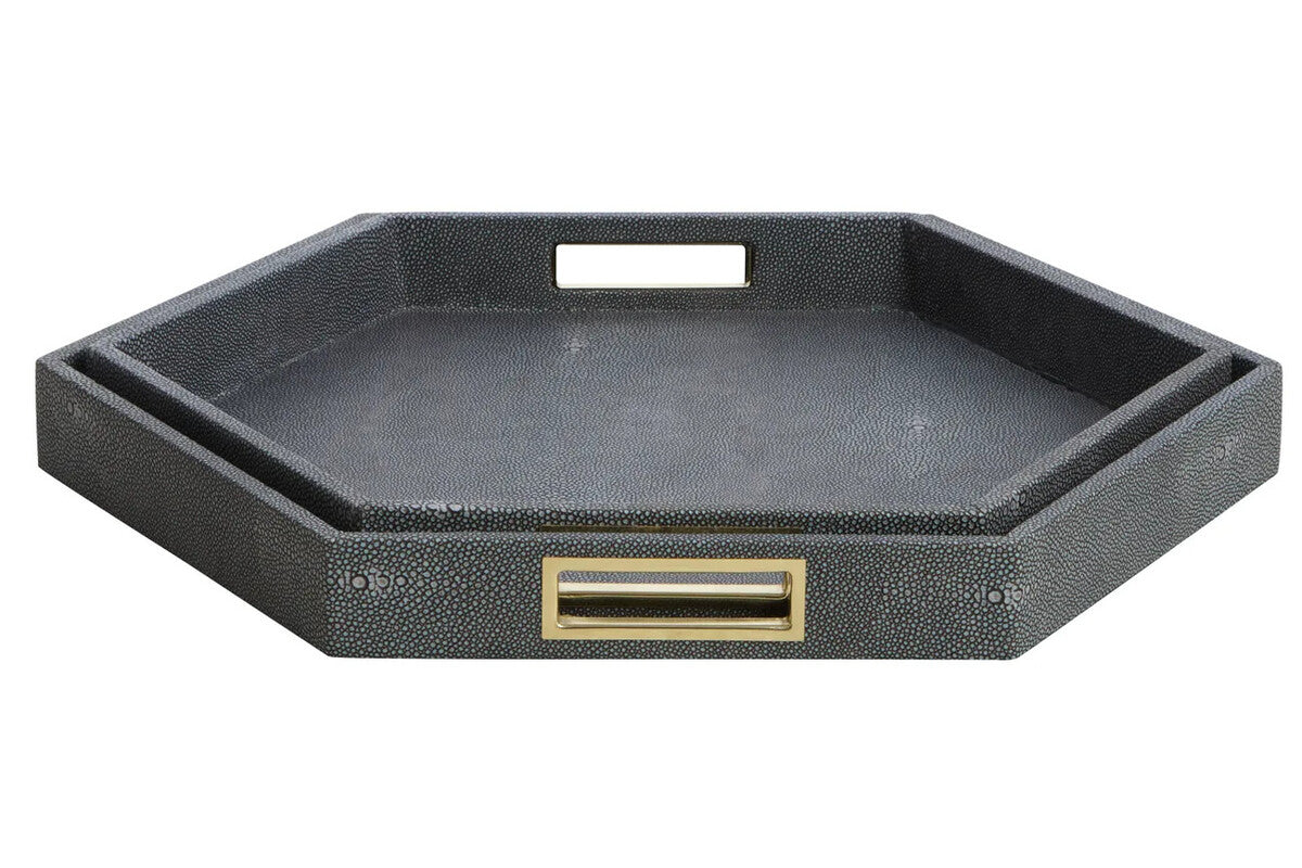 Cardona Set Of Two Hexagonal Blue Shagreen Effect Trays