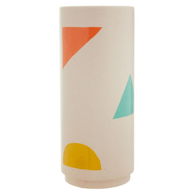 Tall cylindrical container with colorful geometric shapes on a white background