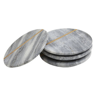 Set of three gray marble coasters with gold lines on a white background