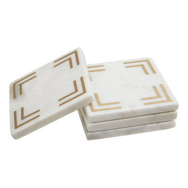 Set of square coasters with gold geometric patterns on a white background