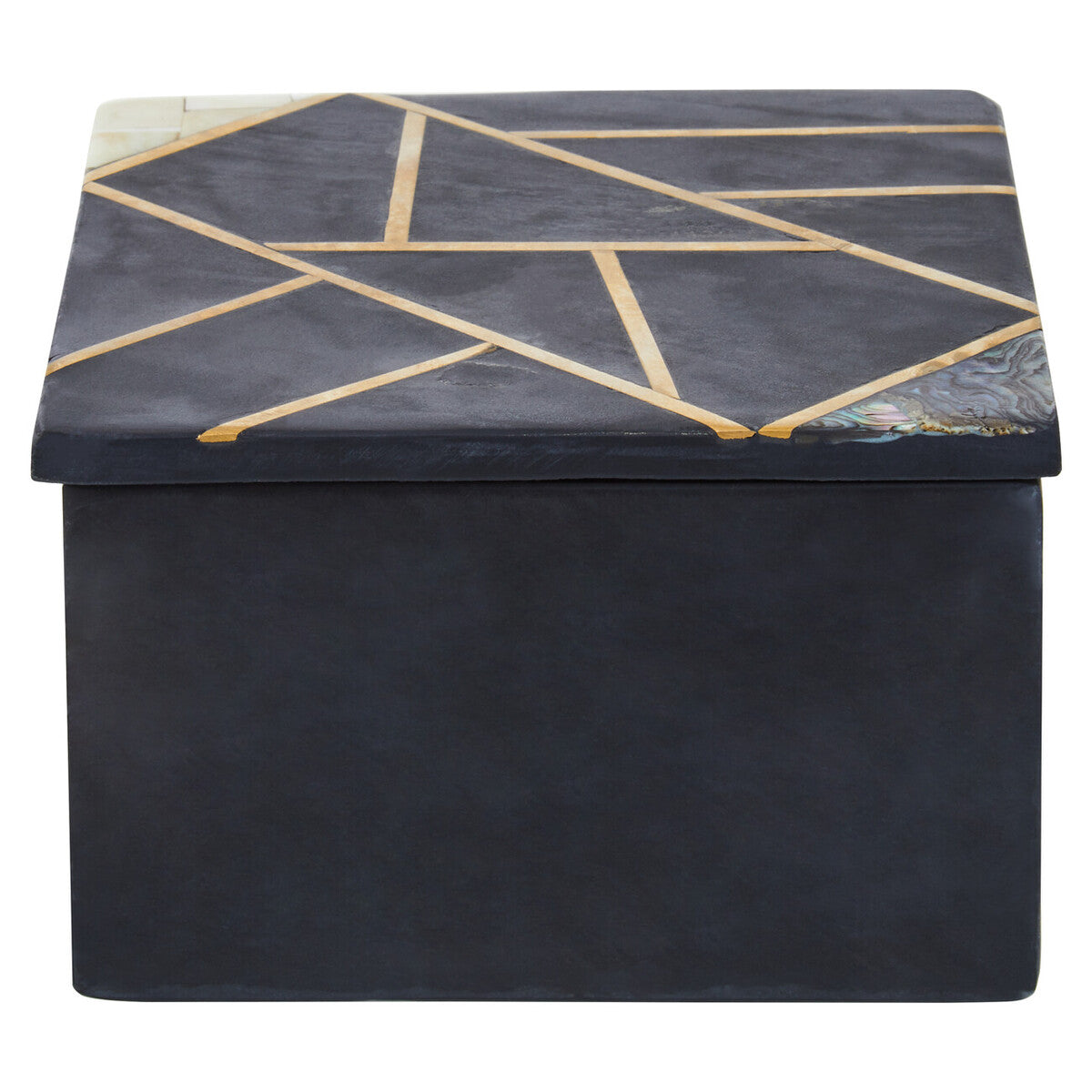 Black storage ottoman with gold geometric patterns on a white background