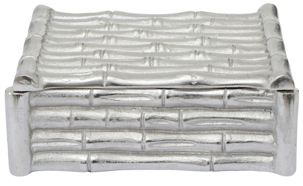 Silver woven rectangular box on a white background