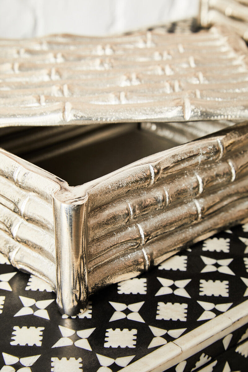 Hiba Small Silver Finish Bamboo Effect Trinket Box