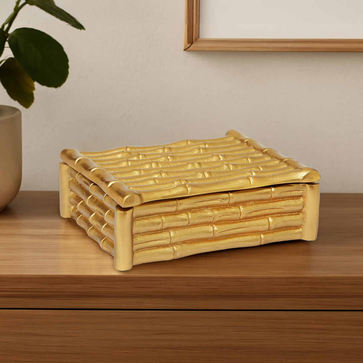 Hiba Small Gold Finish Bamboo Effect Trinket Box