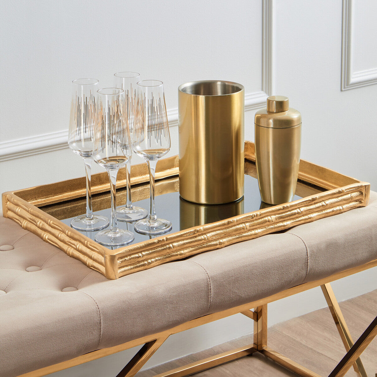 Hiba Gold Finish Bamboo Effect Mirrored Tray