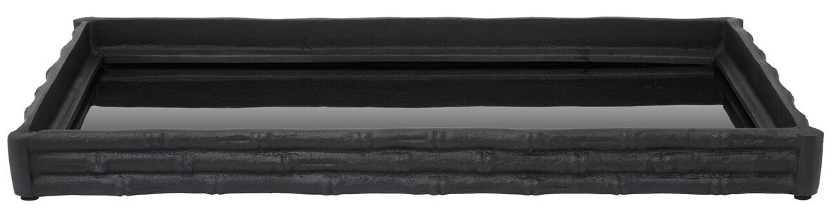 Black rectangular tray with textured edges on a white background