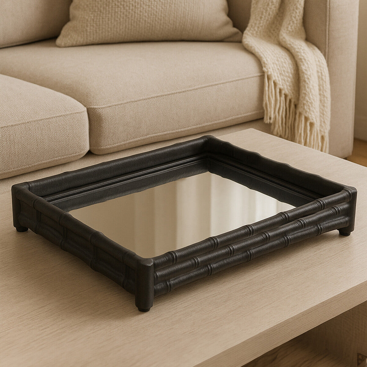 Hiba Black Finish Bamboo Effect Mirrored Tray