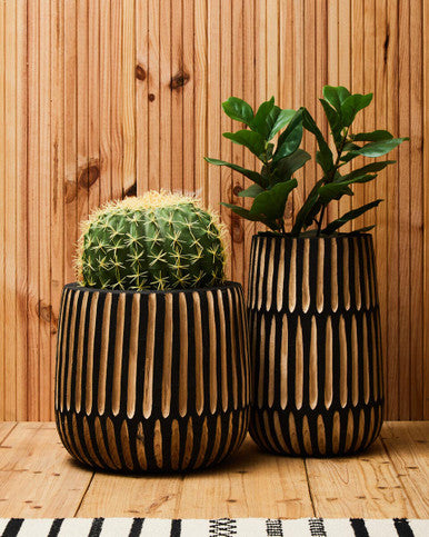 Arlo Large Engraved Natural And Black Wooden Planter - Image 3