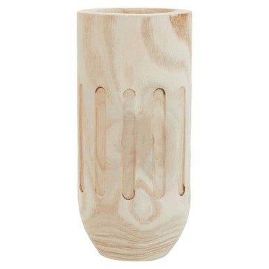 Wooden vase with a natural finish on a white background