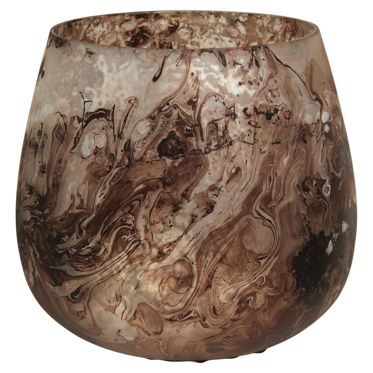 Decorative glass vase with marbled brown and beige pattern on a white background