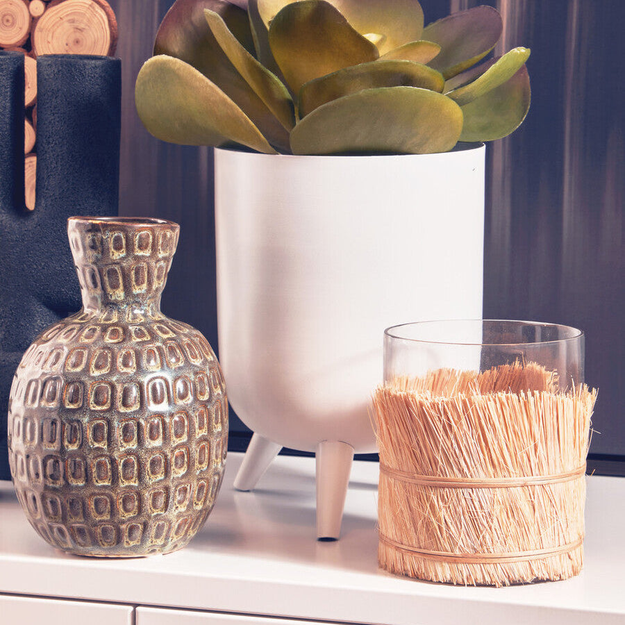 Decorative vases and a plant on a white surface with a blurred background