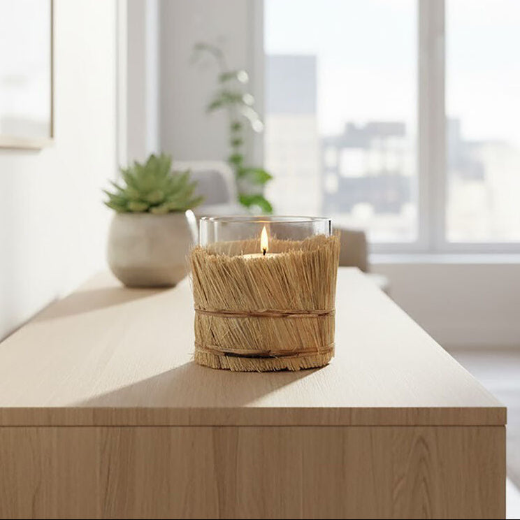 Candle in a woven holder on a wooden surface with a blurred room background