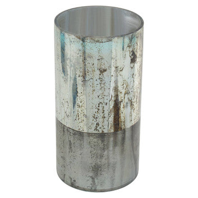 Cylindrical metal vase with textured surface on a white background