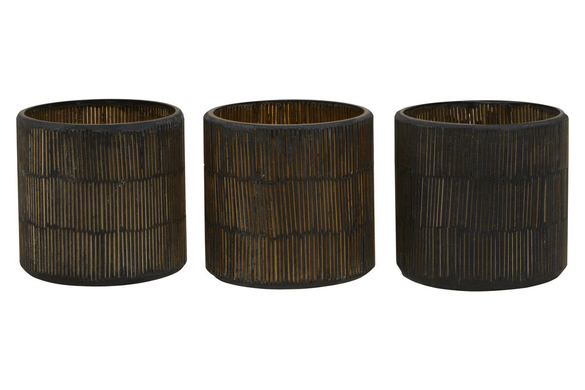 Three dark brown woven planters on a white background