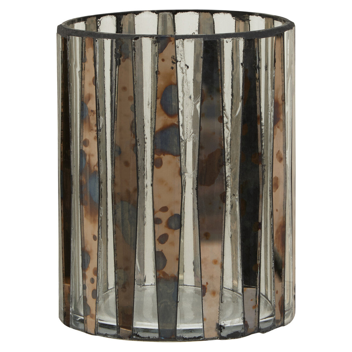 Decorative glass vase with vertical striped pattern on a white background