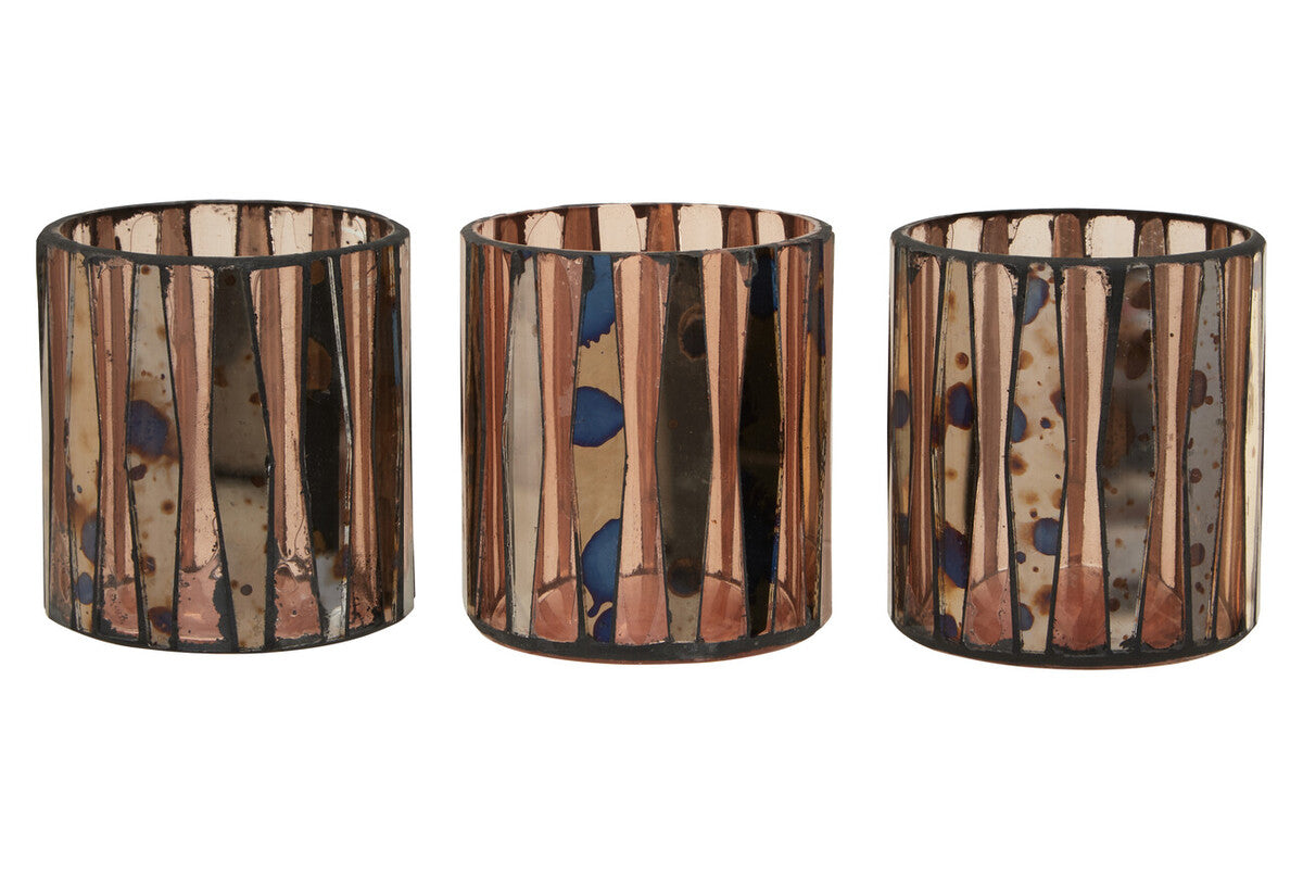 Gaia Set Of 3 Pink Antique Finish Glass Tealight Holders