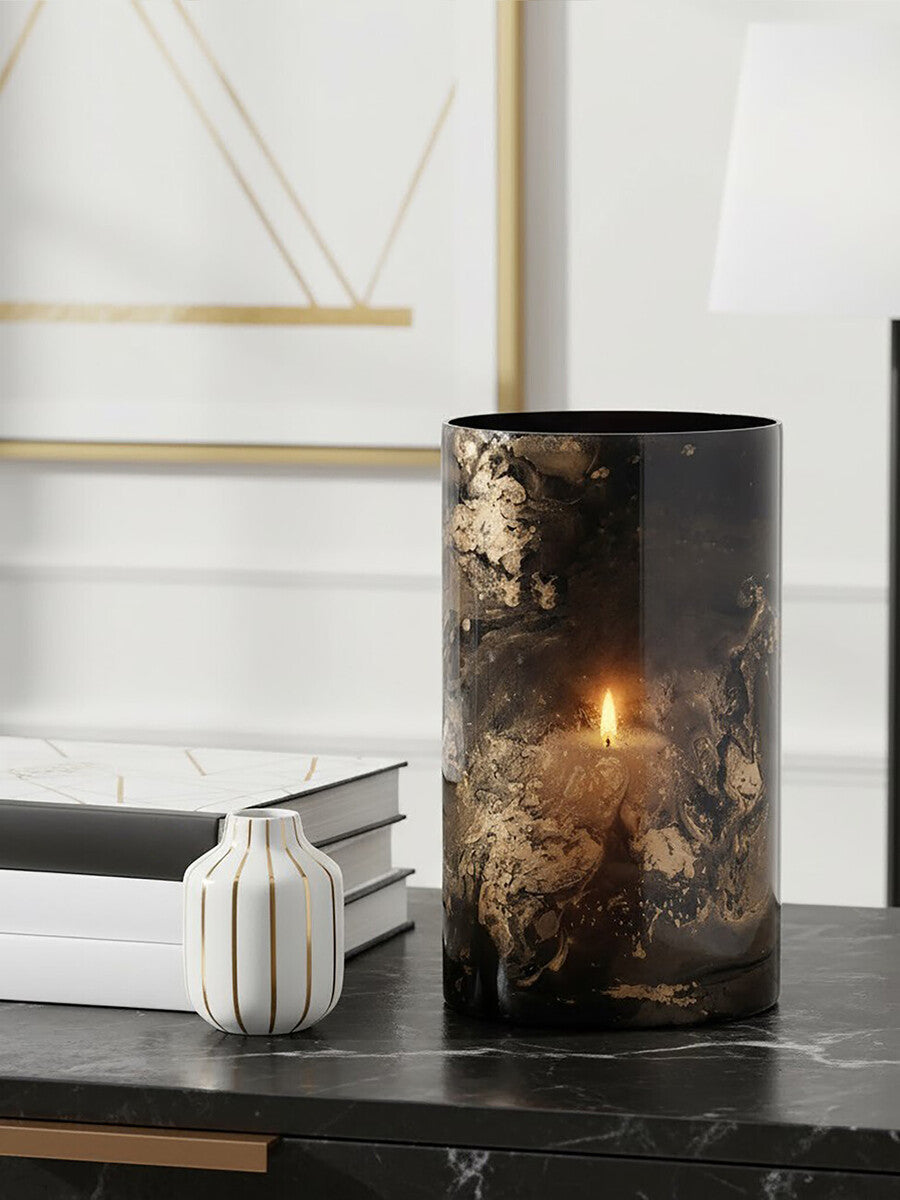 Gaia Black And Gold Marble Effect Large Candle Holder