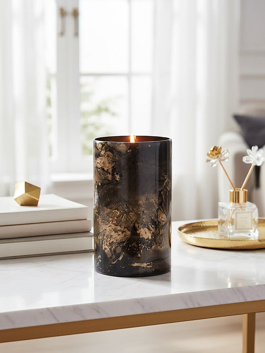 Gaia Black And Gold Marble Effect Large Candle Holder