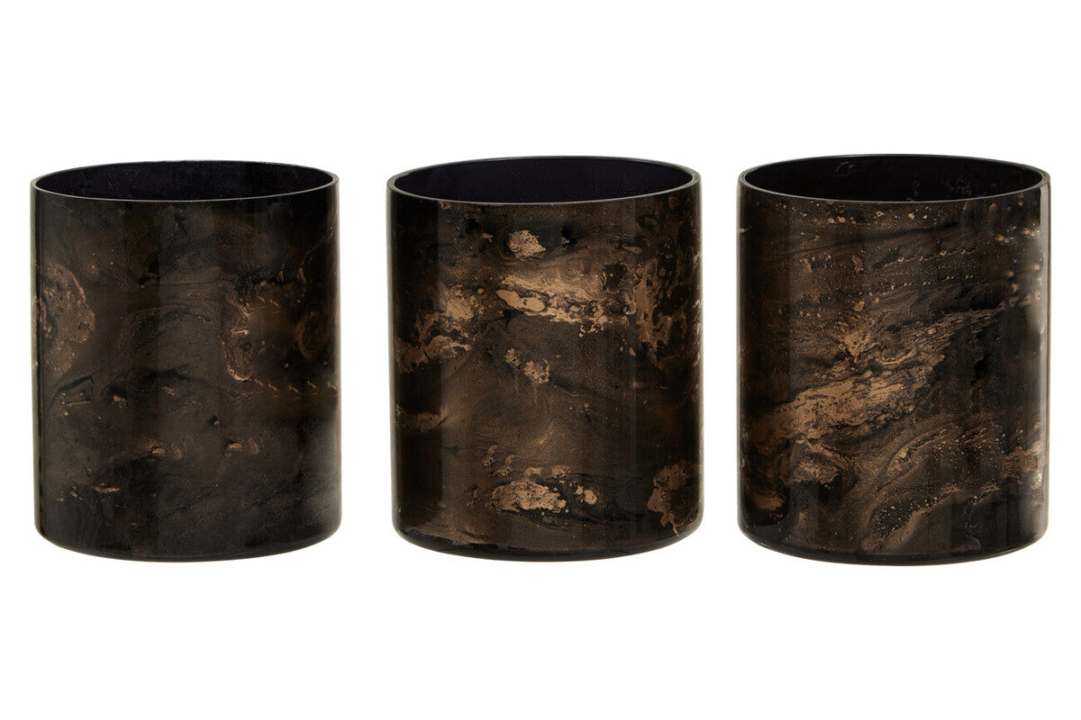Three dark brown cylindrical containers with a marbled texture on a white background