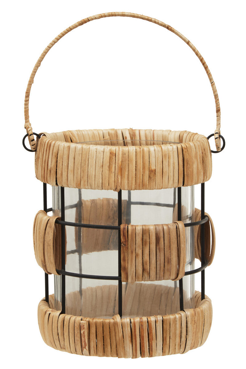 Decorative lantern with wooden basket-like design on a white background